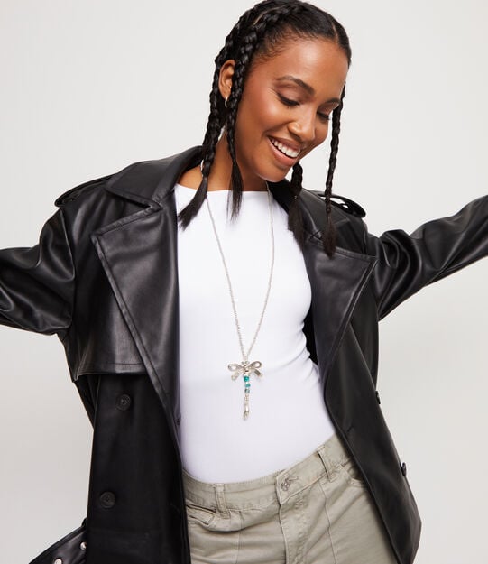 Long pendant necklace with a dragonfly, Silver, large